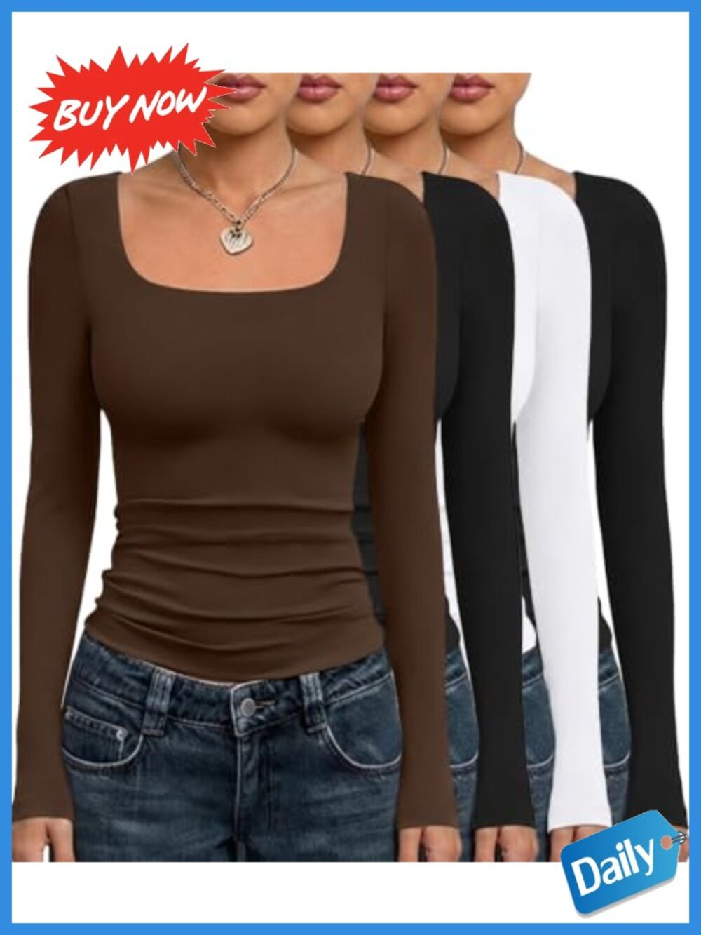 4 Pack Double Lined Long Sleeve Scoop Neck Slim Fit Tops